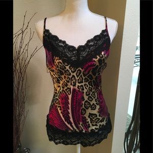 NWT CACHE  Print Cami with lace trim